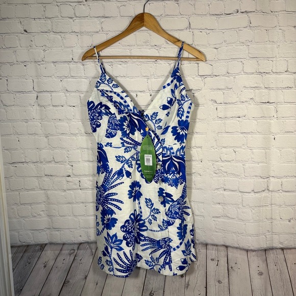 FARM Rio Dresses & Skirts - Farm Rio Floral Birds Off White Sleeveless Mini Dress Blue White Linen Blend S